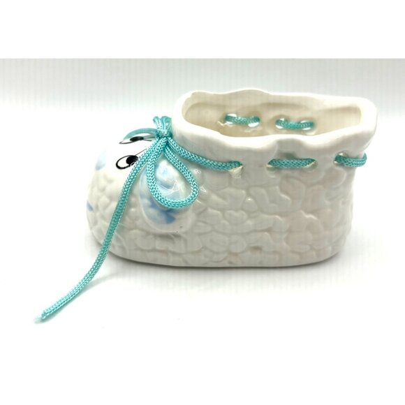 Vintage Ceramic Baby Shoe Planter Blue Laces Adorable Face Shower Gift - Picture 3 of 9